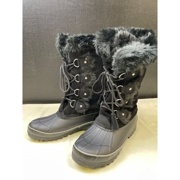 Khombu Women's Black Suede Rubber Fur Arctic Snow boots Shoes Size 10 SKU 6051 - Picture 1 of 8